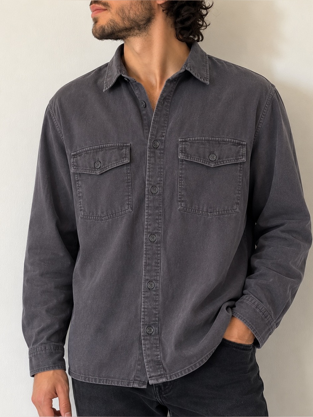Express Gray Button Up Shirt Jacket Large Workwear Gorpcore Utlity Minimalist